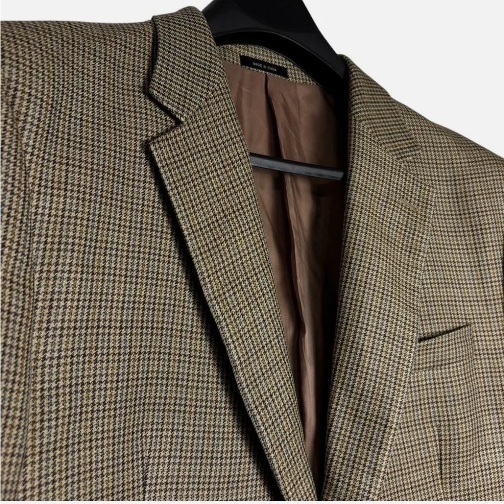 Chaps 100% Silk Blazer Men's 48L Tan Blue Brown Houndstooth Jacket Sport Coat